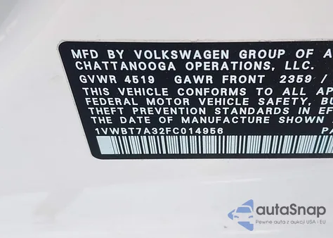 2015 Volkswagen Passat 1.8T Se z USA, uszkodzony, nr VIN 1VWBT7A32FC014956